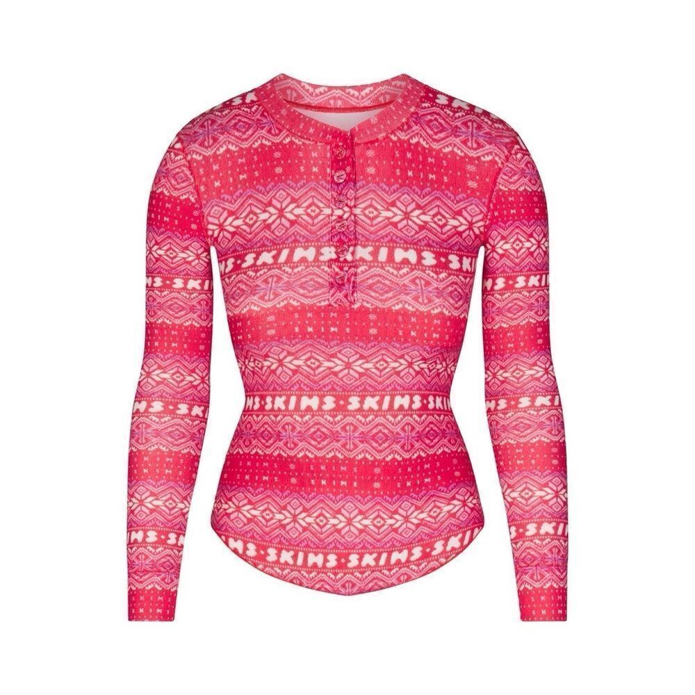 Logo Plush Pointelle Long Sleeve Henley | Red Fair Isle